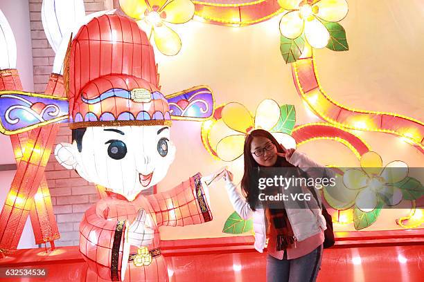 Tourists poses at the 31st Qinhuai lantern fair on January 22, 2017 in Nanjing, Jiangsu Province of China. To welcome the Year of Rooster, Chinese...