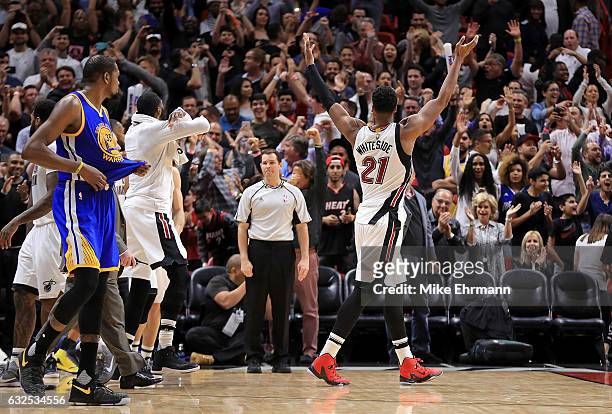 Hassan Whiteside of the Miami Heat reacts to winning a game against the Golden State Warriors at American Airlines Arena on January 23, 2017 in...