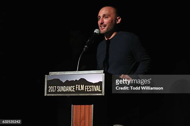 Director Amir Bar-Lev speaks during the premiere of Amazon Studios' "Long Strange Trip" at the 2017 Sundance Film Festival at Yarrow Hotel Theater on...