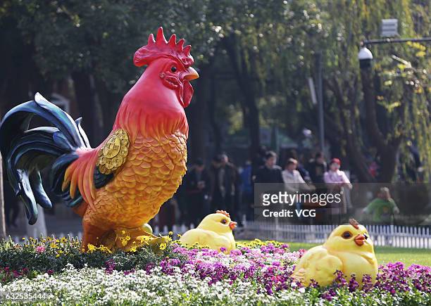 The sculptures of rooster and chicks seen at a park on January 23, 2017 in Wenzhou, Zhejiang Province of China. To welcome the Year of Rooster,...