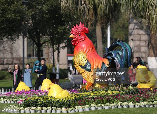 The sculptures of rooster and chicks seen at a park on January 23, 2017 in Wenzhou, Zhejiang Province of China. To welcome the Year of Rooster,...