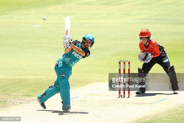 Jess Jonassen of the Heat bats during the Women's Big Bash League match between the Perth Scorchers and the Brisbane Heat at the WACA on January 24,...