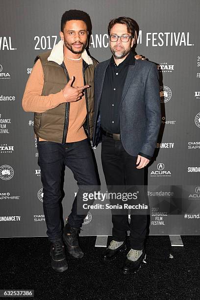 Actor Nnamdi Asomugha and producer Johnathan Baker attend the "Crown Heights" Premiere at Library Center Theater on January 23, 2017 in Park City,...