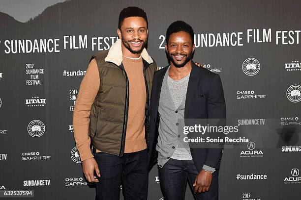 Actors Nnamdi Asomugha and Luke Forbes attend the "Crown Heights" Premiere at Library Center Theater on January 23, 2017 in Park City, Utah.