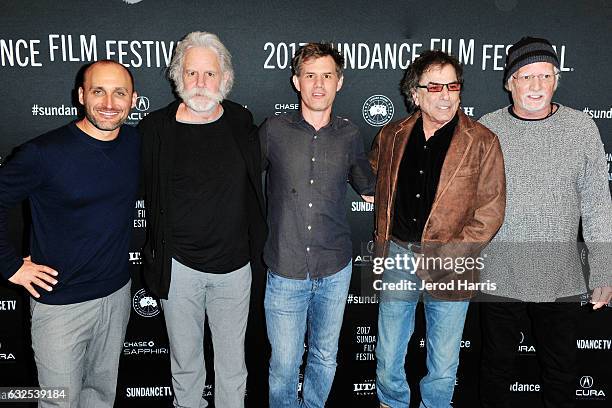 Amir Bar-Lev, Bob Weir, John Nein, Bill Kreutzmann and Mickey Hart arrive at the 'Long Strange Trip' Premiere at Yarrow Hotel Theater on January 23,...