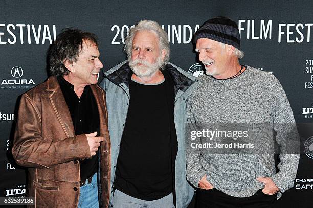 Bill Kreutzmann, Bob Weir and Mickey Hart arrive at the 'Long Strange Trip' Premiere at Yarrow Hotel Theater on January 23, 2017 in Park City, Utah.