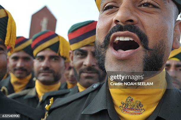 Members of the Dogra Regiment of an infantry unit of the Indian Army with special mustaches gather for a full dress rehearsal for the Indian Republic...