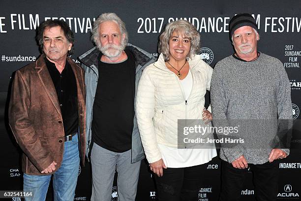 Mickey Hart, Bob Weir, Trixie Garcia and Bill Kreutzmann arrive at the 'Long Strange Trip' Premiere at Yarrow Hotel Theater on January 23, 2017 in...