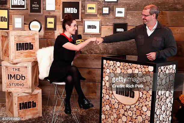 Filmmaker Zoe Lister-Jones of 'Band Aid' and IMDb Managing Editor Keith Simanton attend The IMDb Studio featuring the Filmmaker Discovery Lounge,...