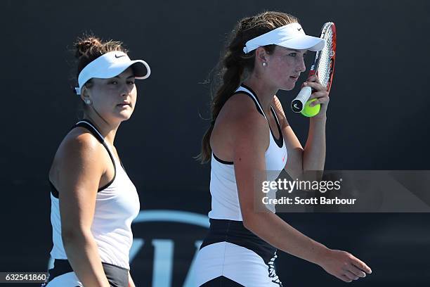 Vanessa Andreescu of Canada and Carson Branstine of the United States compete in their second round match against Pei Hsuan Chen of Taipei and Naho...