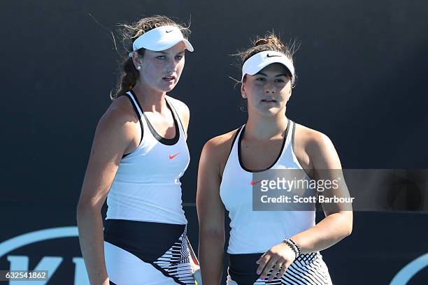 Vanessa Andreescu of Canada and Carson Branstine of the United States compete in their second round match against Pei Hsuan Chen of Taipei and Naho...