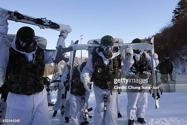 South Korean marines participate in the winter military training exercise with South Korean soldiers on January 24, 2017 in Pyeongchang-gun, South...