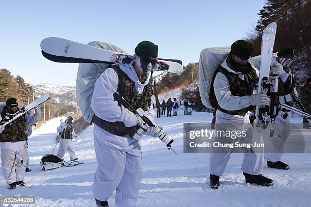 South Korean marines participate in the winter military training exercise with South Korean soldiers on January 24, 2017 in Pyeongchang-gun, South...