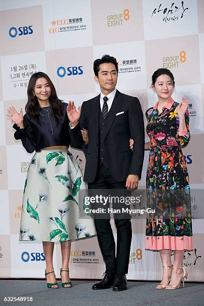 South Korean actors Oh Yoon-Ah, Song Seung-Heon and Lee Young-Ae attend the press conference for SBS Drama "Saimdang: Memoir Of Colors" at Lotte...