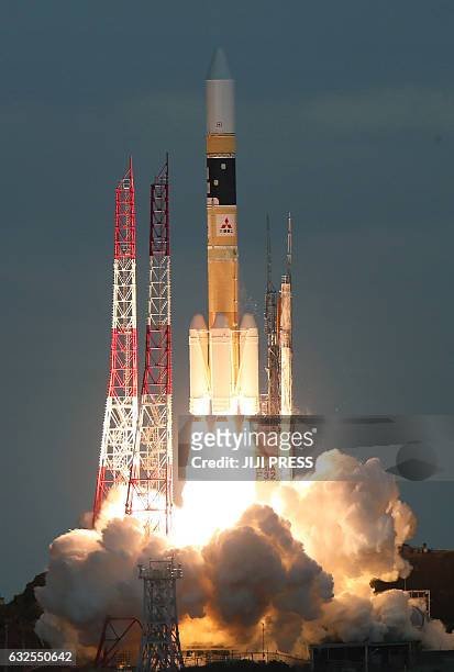 Japan's H-IIA rocket carrying the Kirameki-2 satellite is launched from Tanegashima Space Centre in southern Tanegashima island, Kagoshima...
