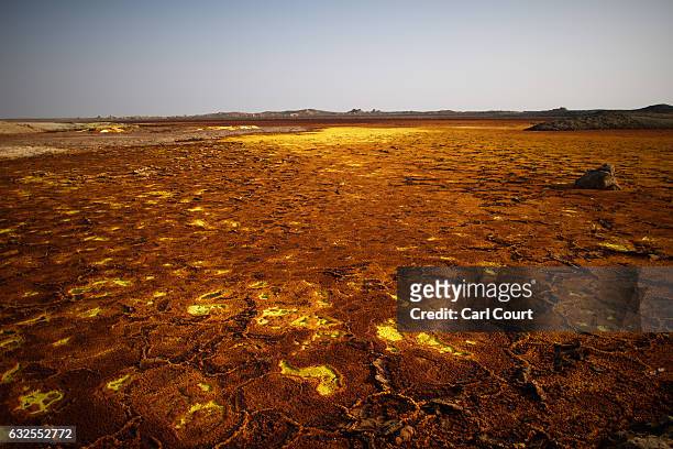 Dried sulphur lake is pictured in the Danakil Depression on January 23, 2017 near Dallol, Ethiopia. The depression lies 100 metres below sea level...