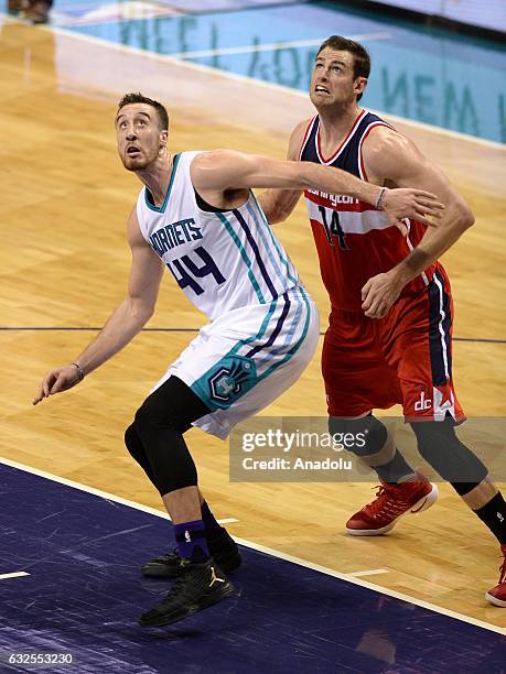 Frank Kaminsky of Charlotte Hornets in action against Jason Smith of Washington Wizards during the NBA match between Washington Wizards vs Charlotte...