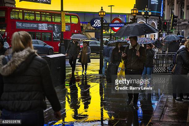 The brightly coloured advertising hoardings reflect off the wet pavement, on 4th November 2016, in Piccadilly Circus, London, England. The Circus is...