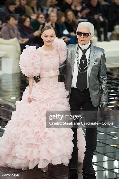 Lily-Rose Depp and Karl Lagerfeld walk the runway during the Chanel Spring Summer 2017 show as part of Paris Fashion Week on January 24, 2017 in...