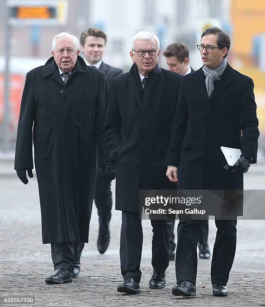 Michael Glos, Hans-Jochen Vogel and Hans-Gert Poettering arrive for the state memorial ceremony for the late former German President Roman Herzog at...