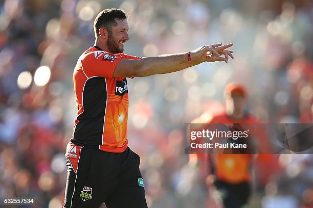 Tim Bresnan of the Scorchers acknowledges Ashton Agar after taking a catch to dismiss Seb Gotch of the Starsduring the Big Bash League match between...