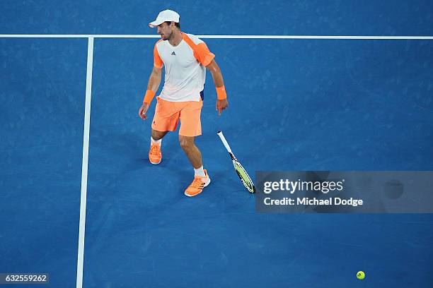 Mischa Zverev of Germany reacts after lsoing a point in his quarterfinal match against Roger Federer of Switzerland day nine of the 2017 Australian...