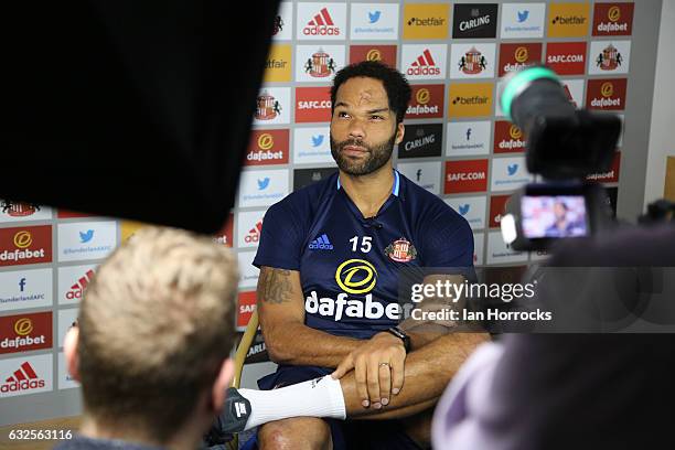 Joleon Lescott is pictured being interviewed after signing with Sunderland AFC at The Academy of Light on January 23, 2017 in Sunderland, England.