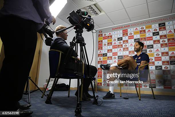Joleon Lescott is pictured being interviewed after signing with Sunderland AFC at The Academy of Light on January 23, 2017 in Sunderland, England.