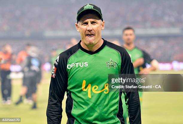 David Hussey of the Stars leaves the ground after the Stars defeat to the Scorchers during the Big Bash League match between the Perth Scorchers and...