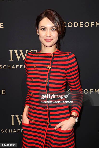 Olga Kurylenko visits the IWC booth during the launch of the Da Vinci Novelties from the Swiss luxury watch manufacturer IWC Schaffhausen at the...