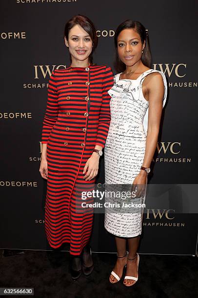 Olga Kurylenko and Naomie Harris visit the IWC booth during the launch of the Da Vinci Novelties from the Swiss luxury watch manufacturer IWC...