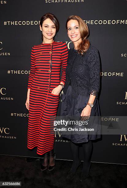 Olga Kurylenko and IWC CMO Franziska Gsell visit the IWC booth during the launch of the Da Vinci Novelties from the Swiss luxury watch manufacturer...