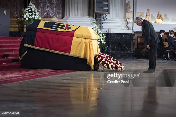 German President Joachim Gauck pays his respects at the state funeral of the late former German President Roman Herzog at the Dom Cathedral on...