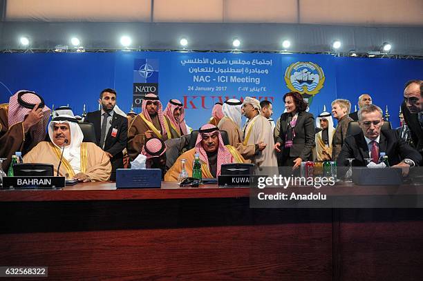 Secretary General Jens Stoltenberg , Kuwaiti Deputy Prime Minister and Foreign Minister Sheikh Sabah Khalid Al Hamad Al Sabah and Bahrain Foreign...