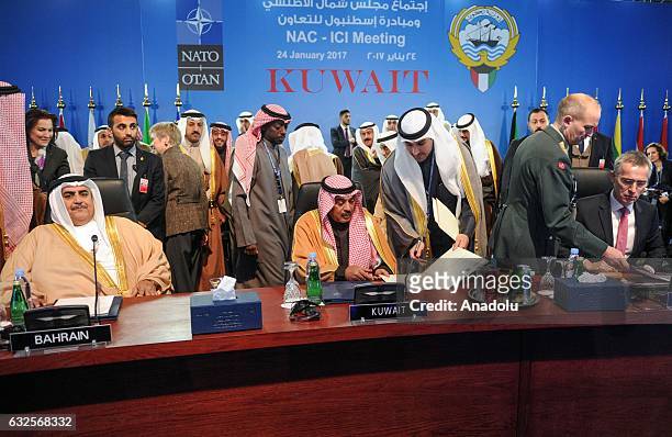 Secretary General Jens Stoltenberg , Kuwaiti Deputy Prime Minister and Foreign Minister Sheikh Sabah Khalid Al Hamad Al Sabah and Bahrain Foreign...