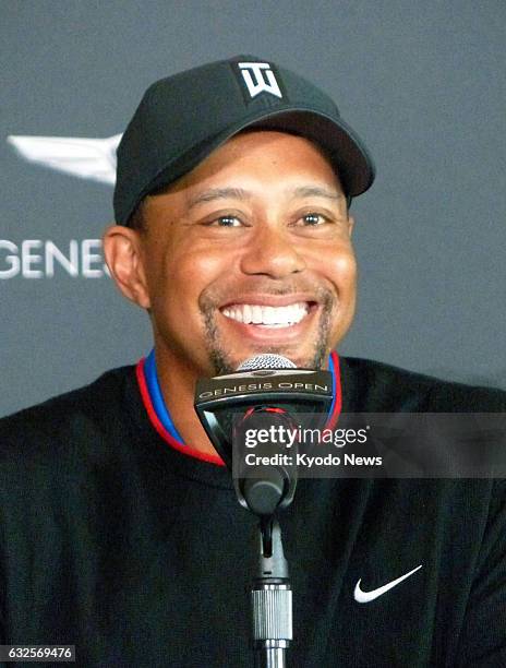 Tiger Woods attends a press conference in Pacific Palisades, California, on Jan. 23 just days before his first PGA Tour appearance since August 2015,...