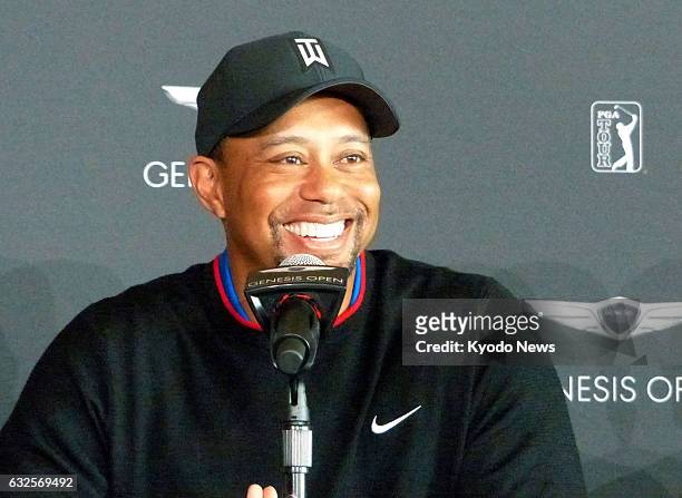 Tiger Woods attends a press conference in Pacific Palisades, California, on Jan. 23 just days before his first PGA Tour appearance since August 2015,...