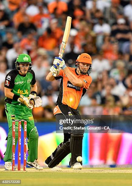 Shaun Marsh of the Scorchers plays a shot during the Big Bash League match between the Perth Scorchers and the Melbourne Stars at the WACA on January...