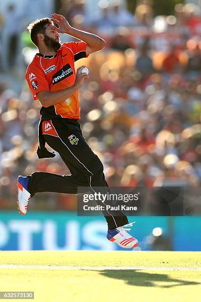 Andrew Tye of the Scorchers bowls during the Big Bash League match between the Perth Scorchers and the Melbourne Stars at the WACA on January 24,...