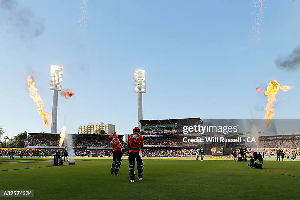 Sam Whiteman and Michael Klinger of the Scorchers walk out to bat during the Big Bash League match between the Perth Scorchers and the Melbourne...