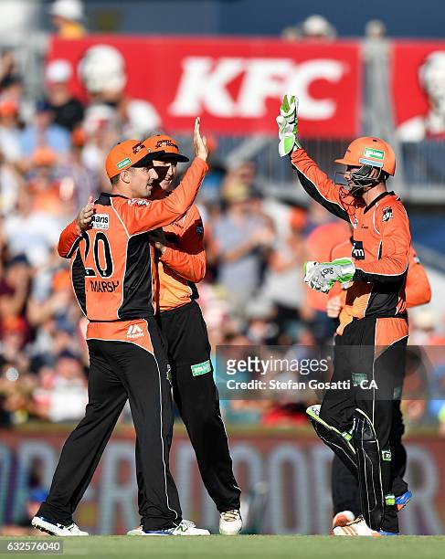 Shaun Marsh of the Scorchers celebrates with teammates after taking a catch to dismiss Marcus Stoinis of the Stars during the Big Bash League match...