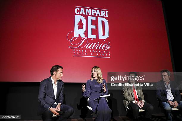 Clive Owen, Mia Ceran, Bob Kunze-Concewitz and Paolo Sorrentino attend the 'Campari Red Diaries' press conference on January 24, 2017 in Rome, Italy.