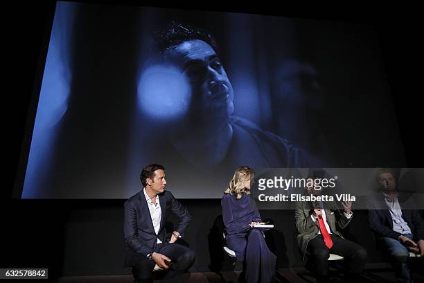 Clive Owen, Mia Ceran, Bob Kunze-Concewitz and Paolo Sorrentino attend the 'Campari Red Diaries' press conference on January 24, 2017 in Rome, Italy.