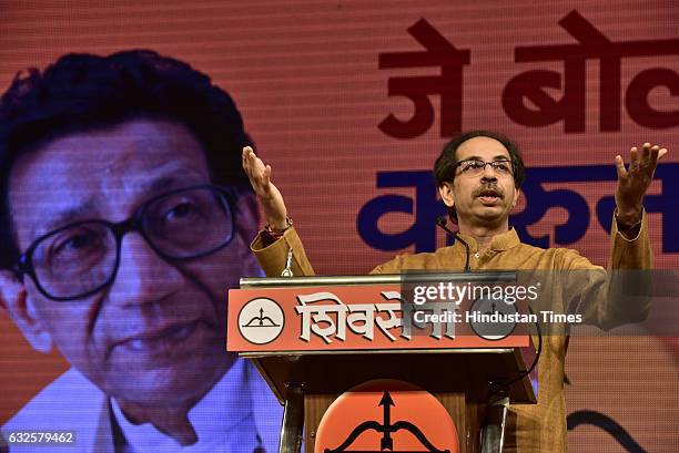 Shiv Sena chief Uddhav Thackeray addressing his party members during a function on the occasion of the birth anniversary of Bal Thackeray on January...