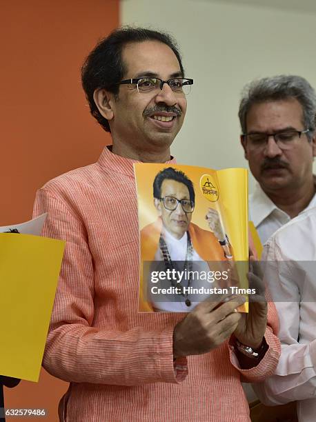 Shiv Sena chief Uddhav Thackeray releasing party manifesto for the upcoming Municipal election at Shiv Sena bhawan on January 23, 2017 in Mumbai,...