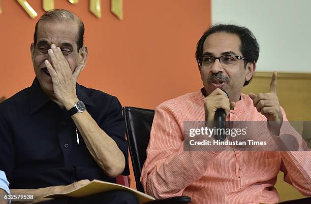 Shiv Sena chief Uddhav Thackeray and Manohar Joshi during the release of party manifesto for the upcoming Municipal election at Shiv Sena bhawan on...