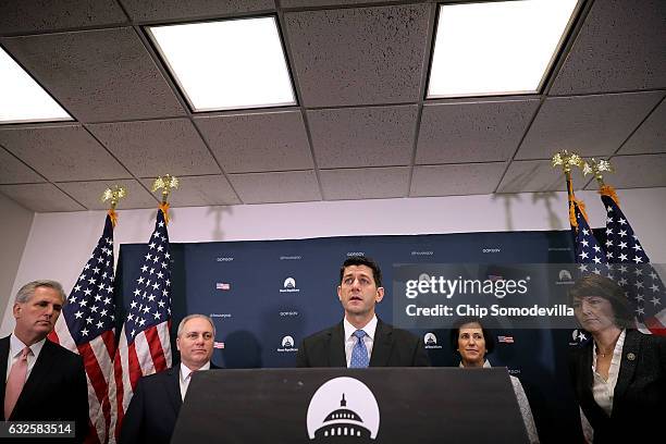 Speaker of the House Paul Ryan is joined by House GOP leaders Majority Leader Kevin McCarthy , Majority Whip Steve Scalise , Rep. Mimi Walters and...