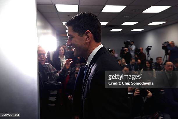 Speaker of the House Paul Ryan leaves a news conference following a Republican conference meeting at the U.S. Capitol January 24, 2017 in Washington,...