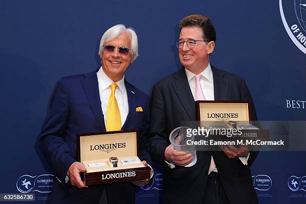 Bob Baffert and Lord Teddy Grimthorpe receive the Longines Worlds Best Horse Award during the Longines Awards at Claridges on January 24, 2017 in...