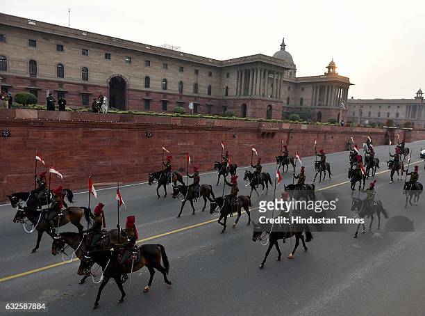 Soldiers were seen rehearsing for the Beating Retreat Ceremony ahead of Republic Day Parade, at Rajpath on January 24, 2017 in New Delhi, India.